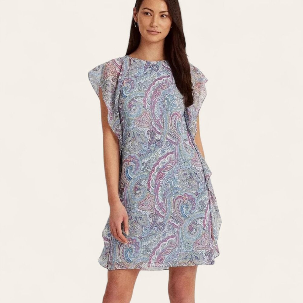 Ralph Lauren Paisley Print Black Label Ruffle Flutter Sleeve Dress Women 10 Blue